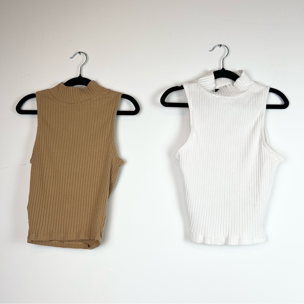 LOT OF 2 FOREVER 21 Mock Turtleneck Ribbed Crop Tank Tops White + Tan XS